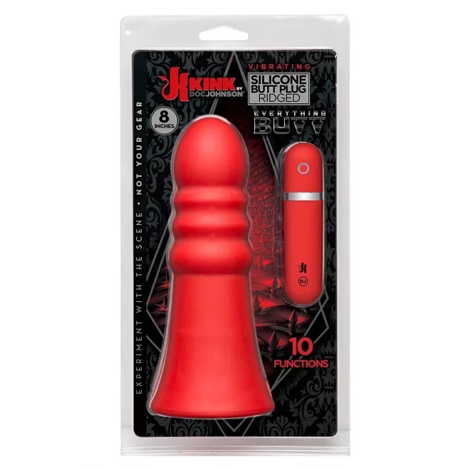 Vibrating silicone butt plug ridged 20 cm. (8 inch) - black