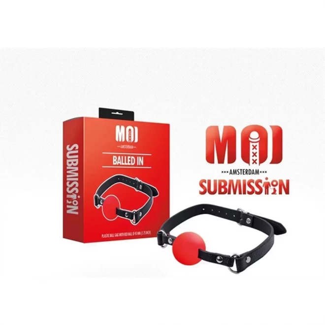 Balled in | plastic ball gag with red ball Ø 45 mm.