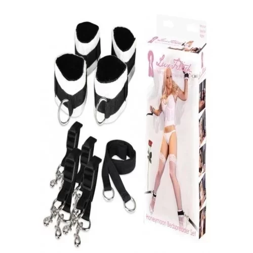 Zestaw kajdanek na ręce i nogi mocowanych do łóżka Lux Fetish Honeymoon Bed Spreader Set White