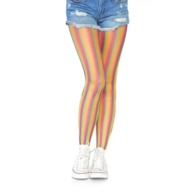 Rainbow striped fishnet tights