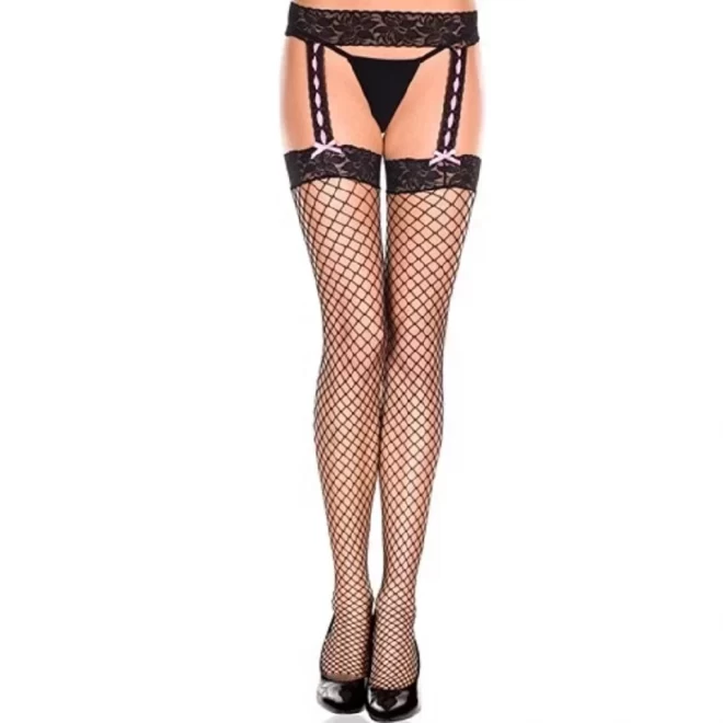 Lace garter belt with fishnet stockings and pink ribbon