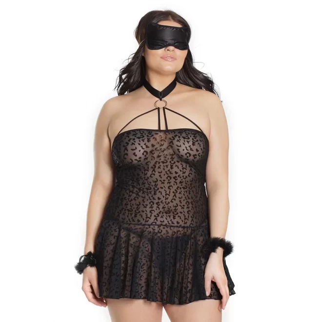 Kitty leopard babydoll with cuffs & eye mask