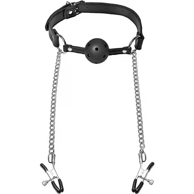 Lux fetish breathable ball gag with nipple chain