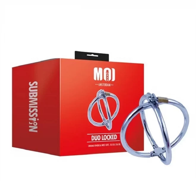Duo locked | chromed spherical wrist cuffs - 10.5cm.x8.6cm.
