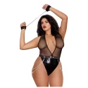 Faux-leather deep plunge halter teddy