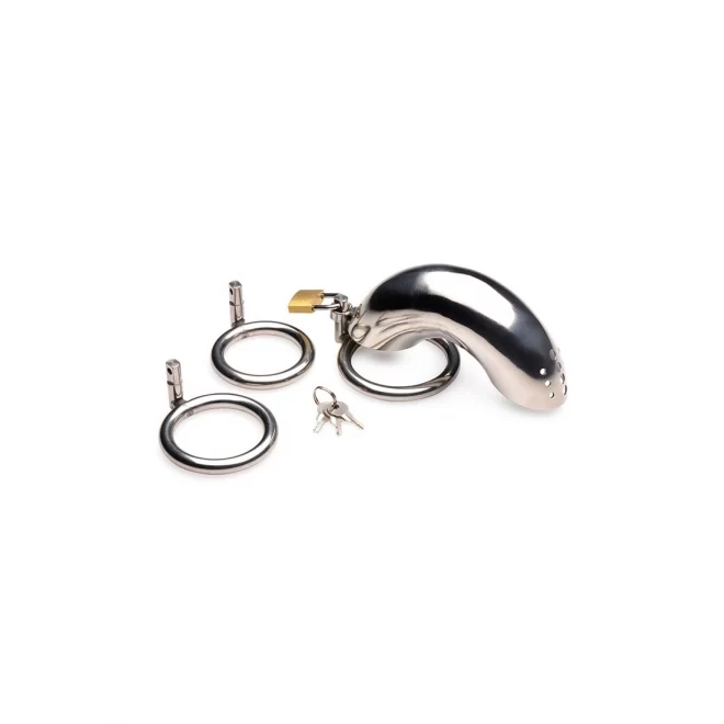 Locking stainless steel chastity cage w/ 3 rings
