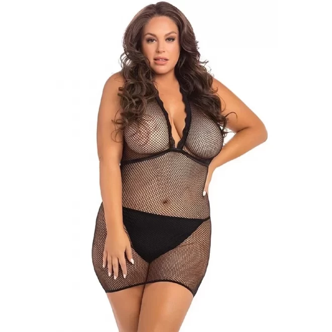 TAKE ME FISHNET MINI DRESS BLK PLUS SIZE