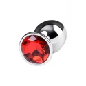 Silver anal plug TOYFA Metal with red round-shaped gem, length8 cm, diameter 2,4-4 cm, weight 140 gr