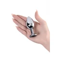 Silver anal plug TOYFA Metal with black round-shaped gem, length 7,5 cm, diameter 1,8-3,4 cm, weight 140 gr