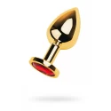 Gold anal plug TOYFA Metal with red round-shaped gem, length 7,8 cm, diameter 2,2-3,5 cm, weight 95 gr