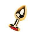 Gold anal plug TOYFA Metal with red round-shaped gem, length 7,8 cm, diameter 2,2-3,5 cm, weight 95 gr