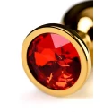 Gold anal plug TOYFA Metal with red round-shaped gem, length 7,8 cm, diameter 2,2-3,5 cm, weight 95 gr